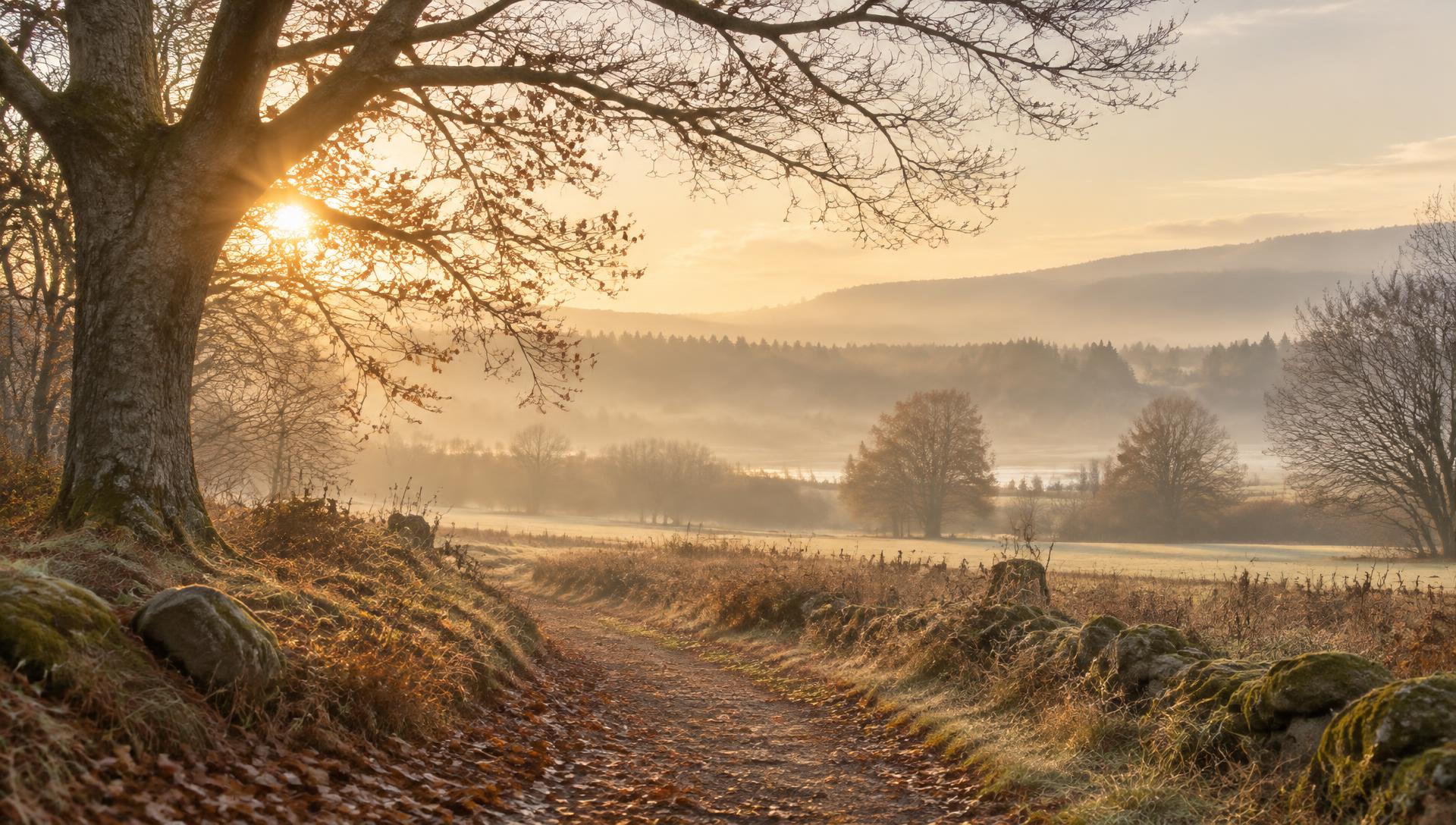 A quiet path at sunrise through an autumn meadow